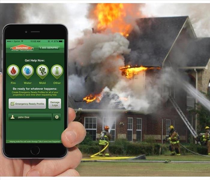 home with flames, iPhone with ERP app loaded on the screen 