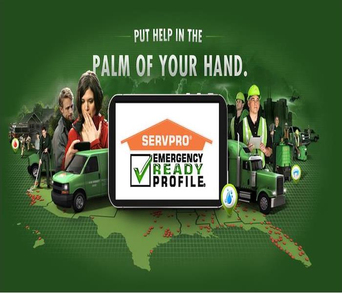 Green background with SERVPRO technicians and iPad with ERP app loaded  